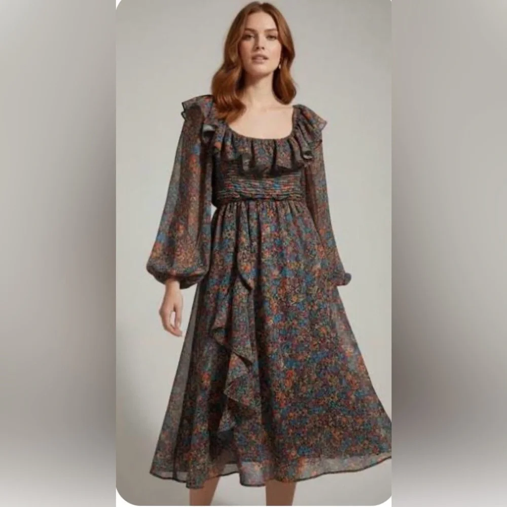 NWT For Love & Lemons Brittany Floral Print Long Sleeve Midi Dress Size M - Picture 8 of 13